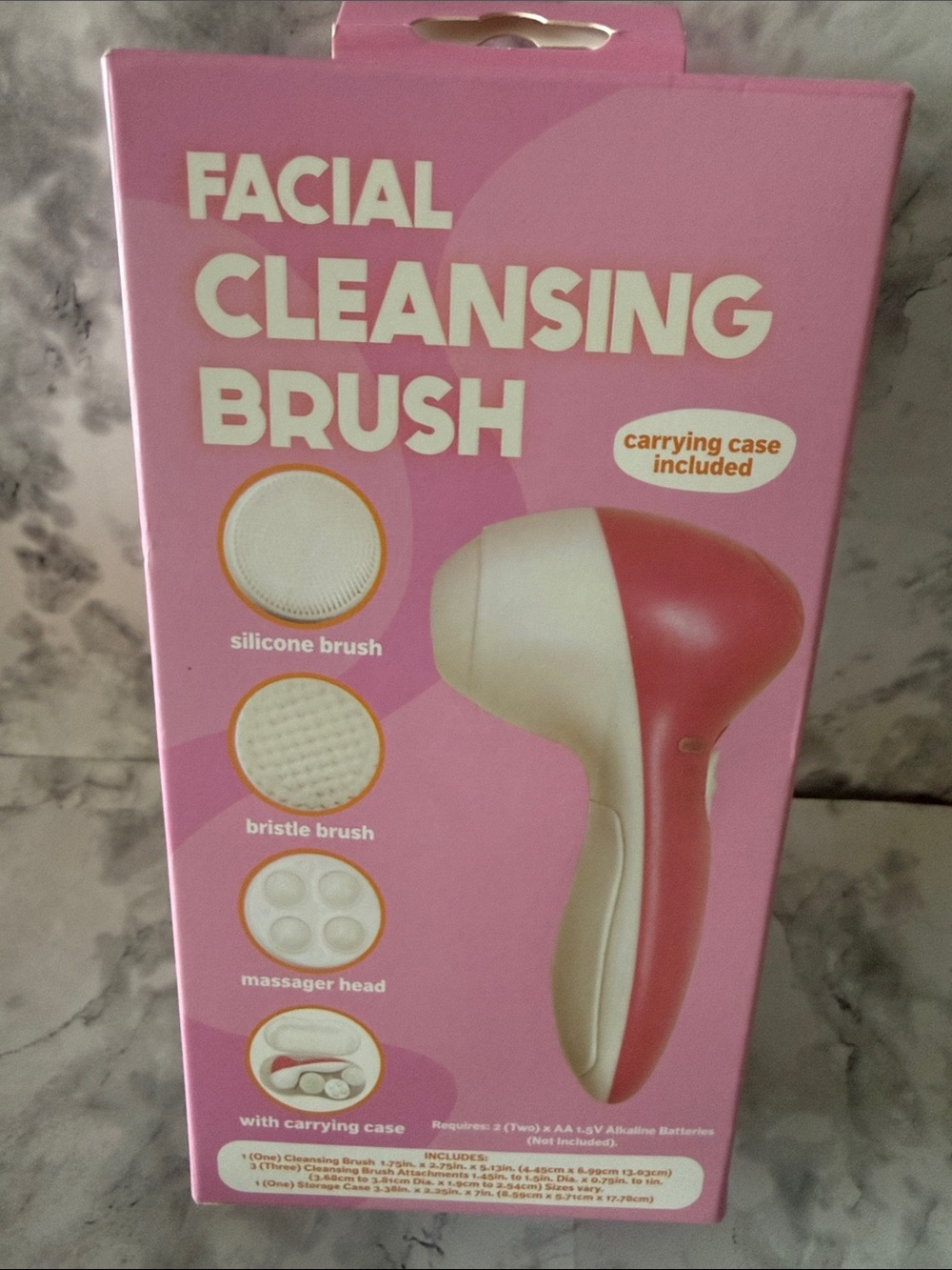 Compact Pink & White Facial Cleansing Brush with Carrying Case